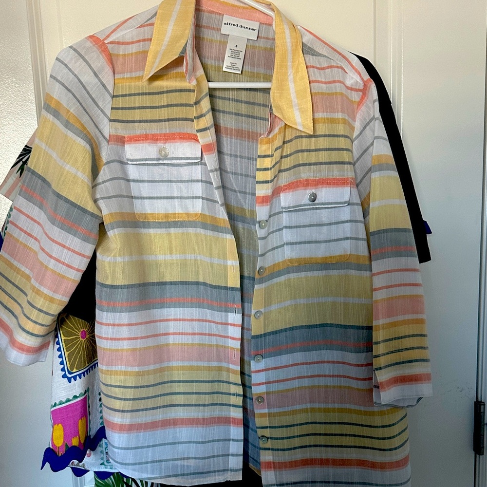 Alfred Dunner Kids Striped Button Down Shirt - Yellow, Gray, White